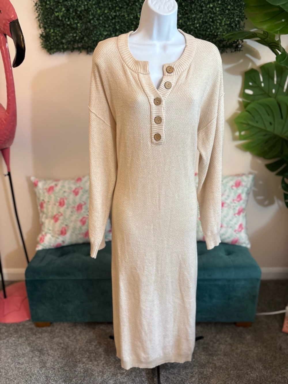 Thin Waffle Knit Midi Dress in Cream